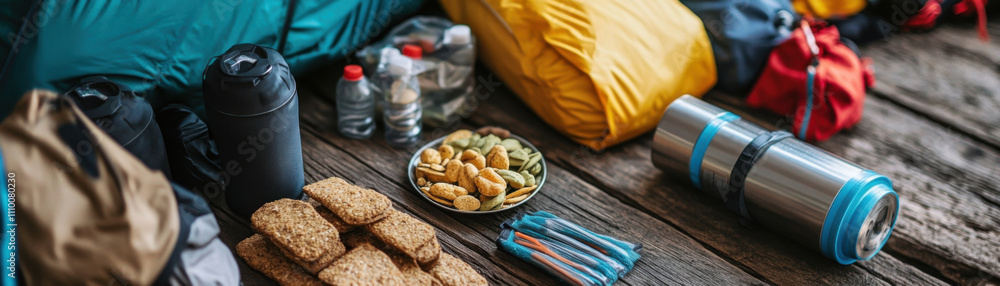 Close up of trail snacks, hydration gear, and camping equipment arranged on wooden surface. Perfect for outdoor adventures and hiking trips Close up of trail snacks, hydration gear, and camping equipment arranged on wooden surface. Perfect for outdoor adventures and hiking trips