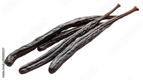 Three long, dark-colored carob pods on transparent background.