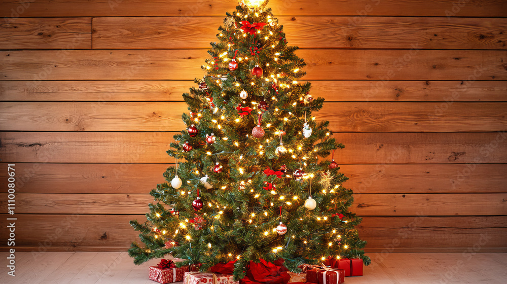 Christmas background with fir tree and illumination lights. Home decorated Christmas tree with garland and wooden background Christmas background with fir tree and illumination lights. Home decorated Christmas tree with garland and wooden background