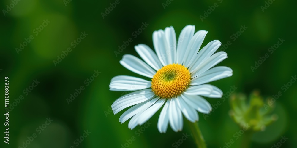 Fototapeta premium A delicate white daisy with a vibrant yellow center blooms against a backdrop of rich green foliage.