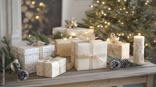 Top view of decorated christmas gifts and boxes with presents on wooden background