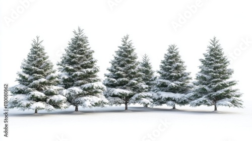 Lush Evergreen Trees Covered in Snow Against a Soft White Background Ideal for Winter Nature Themes and Holiday Celebrations in Stock Photography