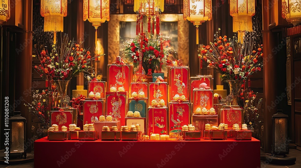 Festive Lunar New Year altar with mooncakes, flowers, and lanterns. Festive Lunar New Year altar with mooncakes, flowers, and lanterns.
