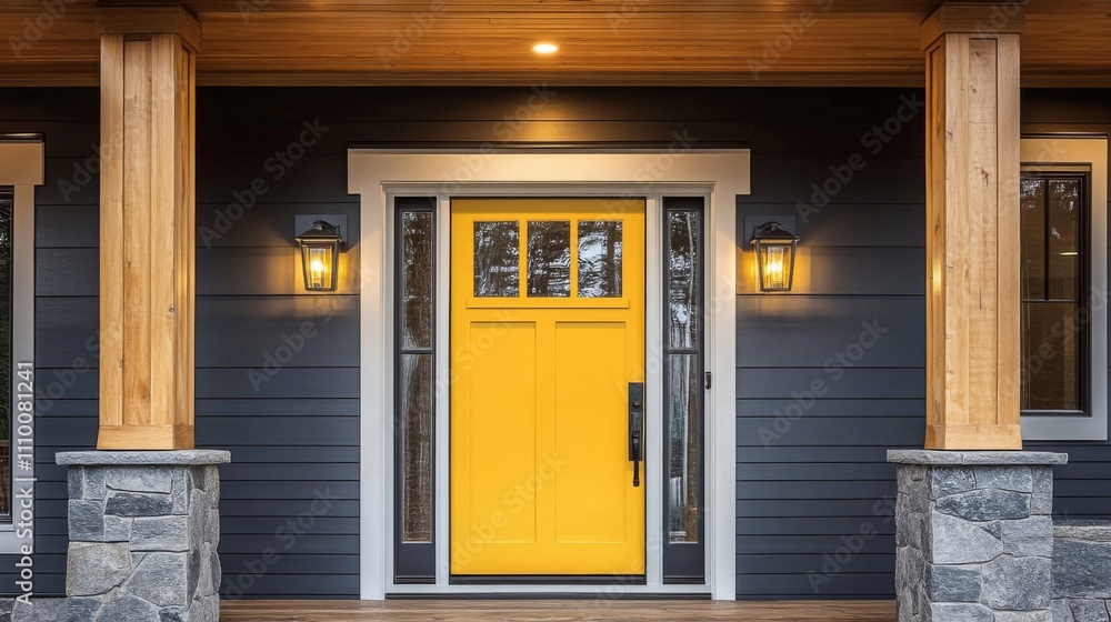 Naklejka premium Entrance house bright yellow door is flanked front entry