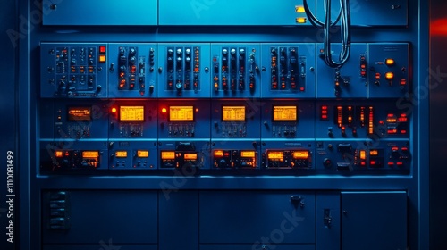 Large control panel room is blue color has Electrotechnical switchgear for switching photo