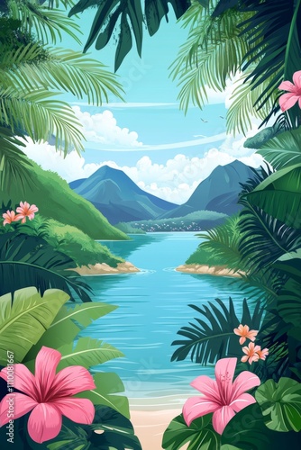 Tropical romantic landscape featuring lush jungles, vibrant flowers, and scenic coastal mountains