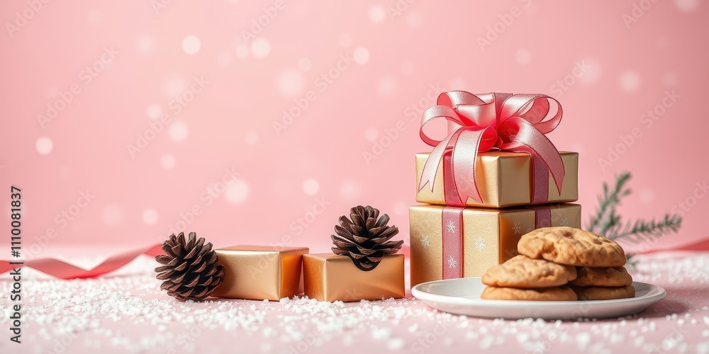 Festive Arrangement of Golden Gifts, Pine Cones, and Cookies on a Pink Background with Snow Festive Arrangement of Golden Gifts, Pine Cones, and Cookies on a Pink Background with Snow