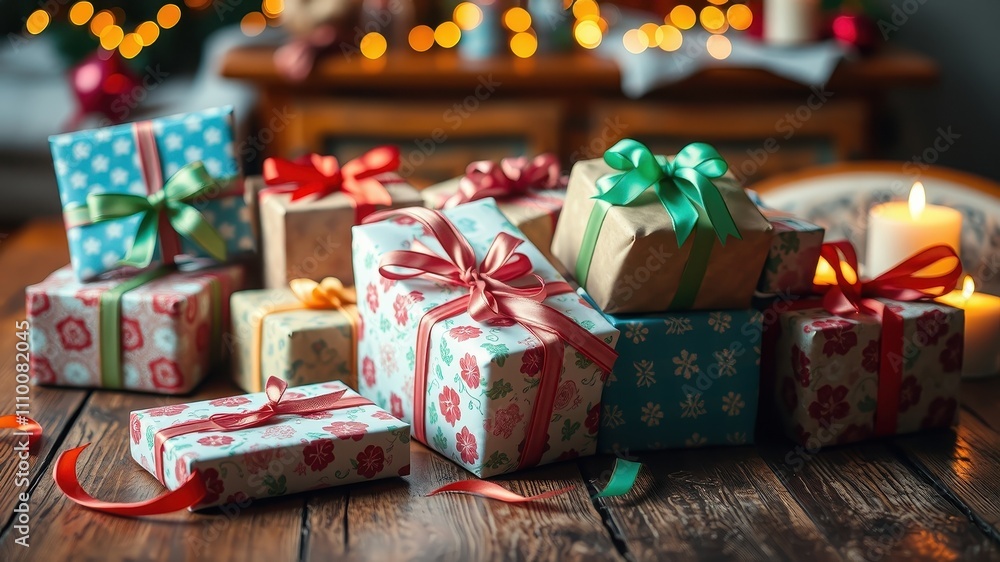 A Collection of Wrapped Presents on a Rustic Wooden Table with a Warm Glow of Candlelight A Collection of Wrapped Presents on a Rustic Wooden Table with a Warm Glow of Candlelight