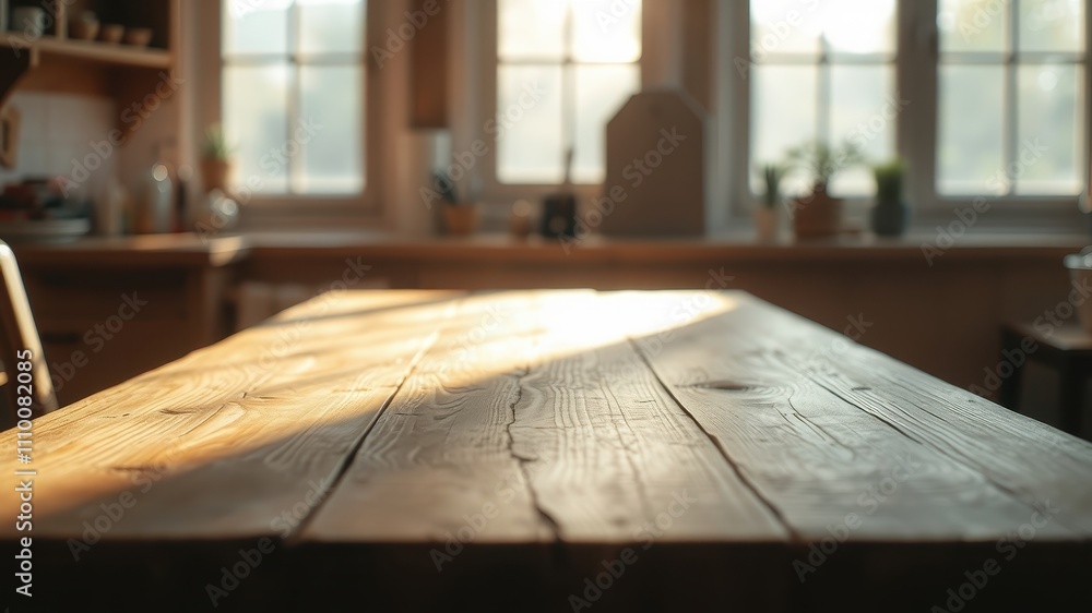 A rustic wooden table bathed in the warm glow of sunlight streaming through nearby windows. A rustic wooden table bathed in the warm glow of sunlight streaming through nearby windows.