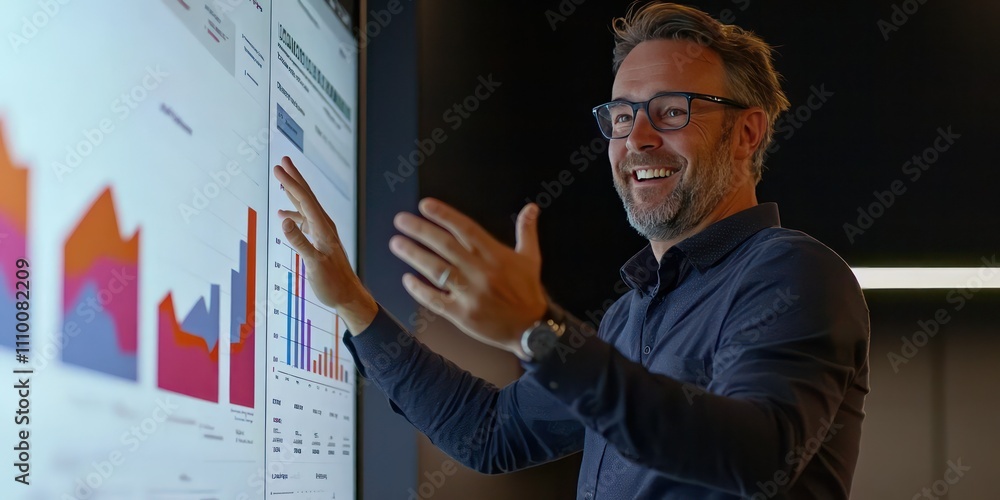 A cheerful businessman giving a presentation to a group of colleagues, smiling as he gestures to charts on a screen. A cheerful businessman giving a presentation to a group of colleagues, smiling as he gestures to charts on a screen.