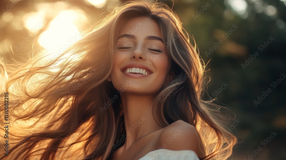 Fototapeta premium Portrait young woman long flowing hair She wearing Happy feeling