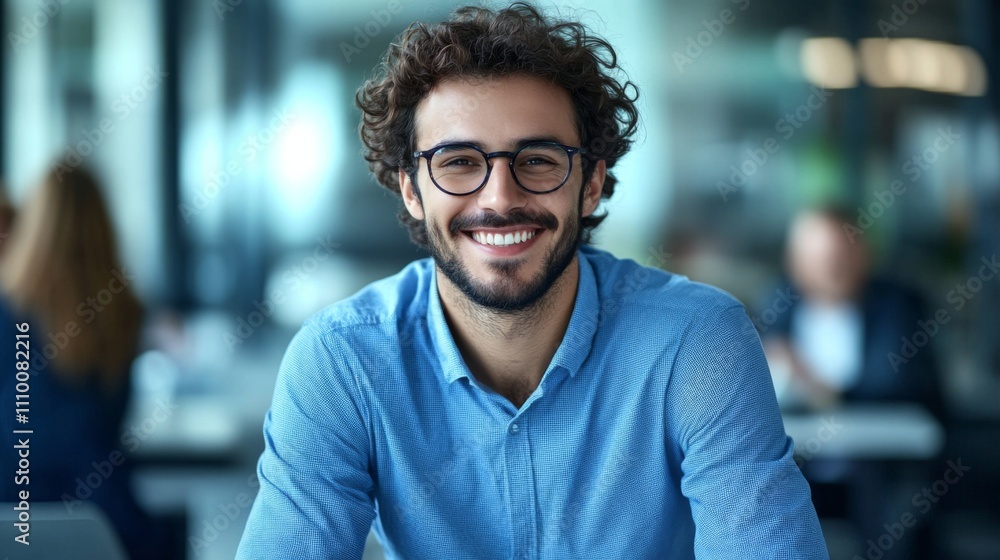 Fototapeta premium Portrait young man curly hair beard wearing glasses of Enthusiastic white