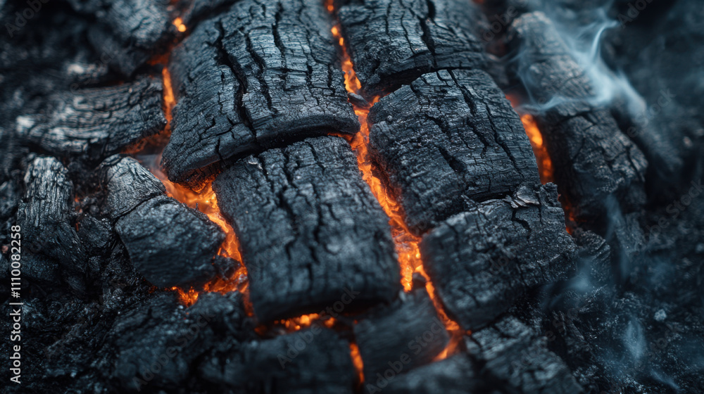 close up of charred wood reveals glowing embers and intricate textures, showcasing beauty of burning charcoal. contrast between dark ash and bright orange creates striking visual close up of charred wood reveals glowing embers and intricate textures, showcasing beauty of burning charcoal. contrast between dark ash and bright orange creates striking visual