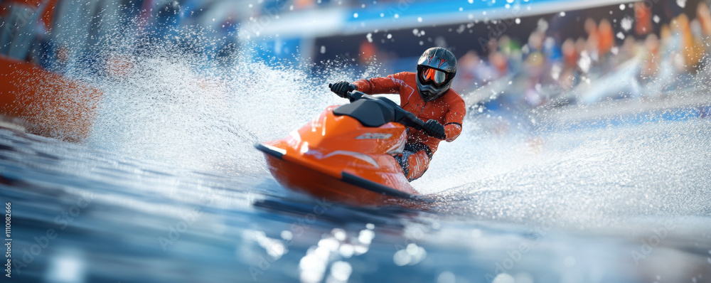 Fototapeta premium High speed ride during jet ski competition, showcasing excitement and skill. vibrant orange jet ski splashes through water, surrounded by cheering spectators