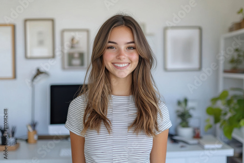 Portrait of young woman with long hair, smiling in modern office setting, exuding confidence and warmth. background features plants and computer, creating welcoming atmosphere