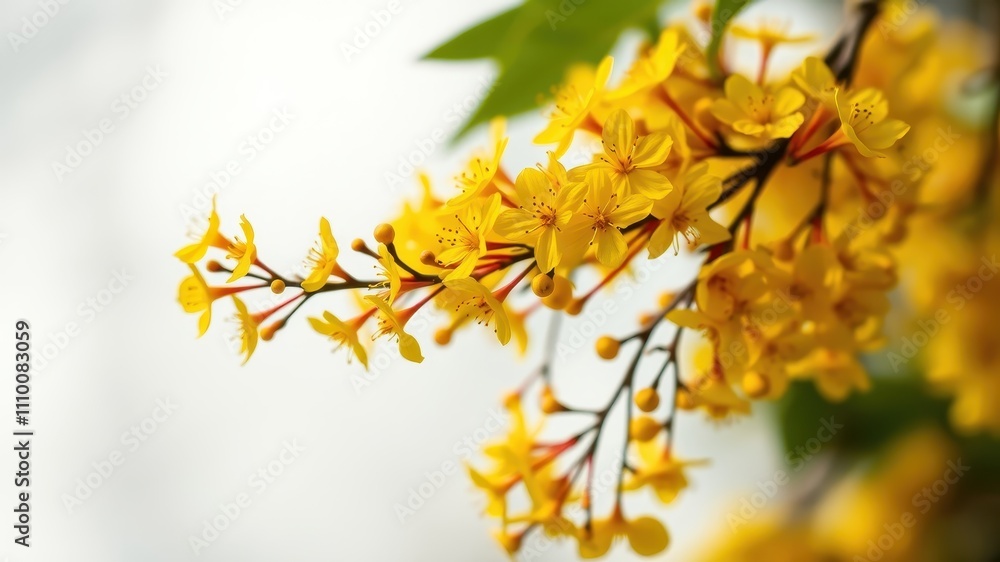 A delicate cluster of bright yellow blossoms on a slender branch against a soft, blurred background, showcasing the beauty of nature's vibrant colors. A delicate cluster of bright yellow blossoms on a slender branch against a soft, blurred background, showcasing the beauty of nature's vibrant colors.
