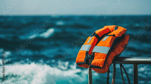 bright orange life jacket displayed on boat rail, with ocean waves in background, symbolizes safety and adventure on water