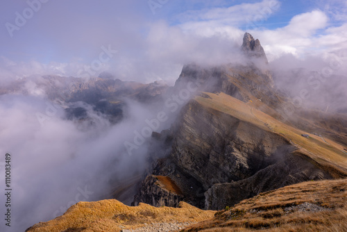The specular landscape of Seceda mountain in Autumn season, Dolomite, Italy.
