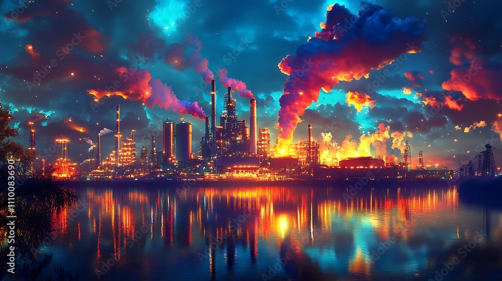 Obraz premium Night industrial cityscape reflected in water, vibrant colors, smoke stacks.