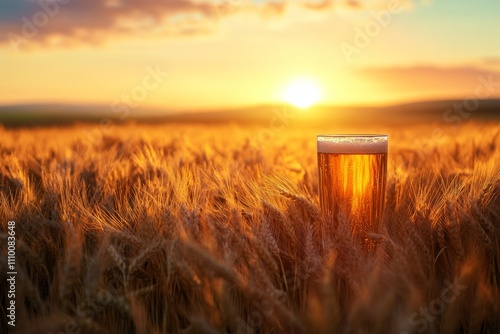 Charming beer glass in a wheat field at sunset, evoking a refreshing beverage experience