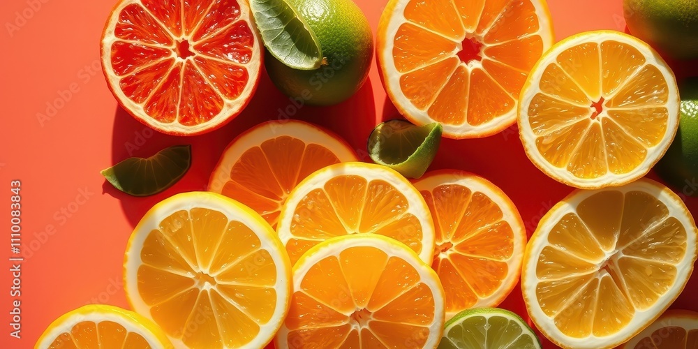 Obraz premium Citrus Fruit Slices Arranged in a Colorful and Saturated Pattern on a Vibrant Orange Background
