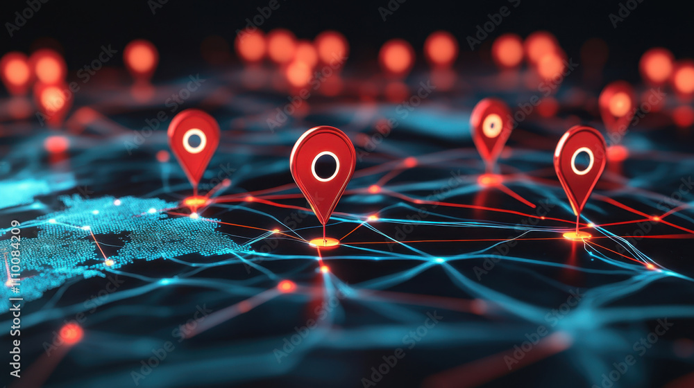 3D globe with red pins marking locations around the world 3D globe with red pins marking locations around the world