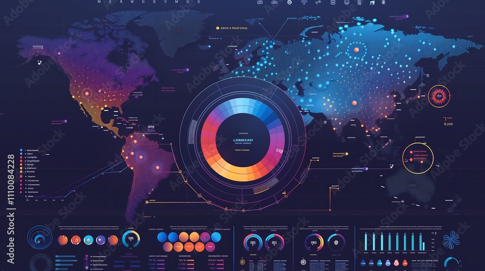 Obraz premium Business report infographic combining a heatmap for geographical sales performance and a pie chart for product category distribution.