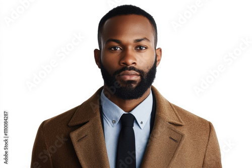 Front close-up ID photo of a black man with short, regular hair and a beard, wearing a light blue shirt and black tie, dressed in a brown overcoat