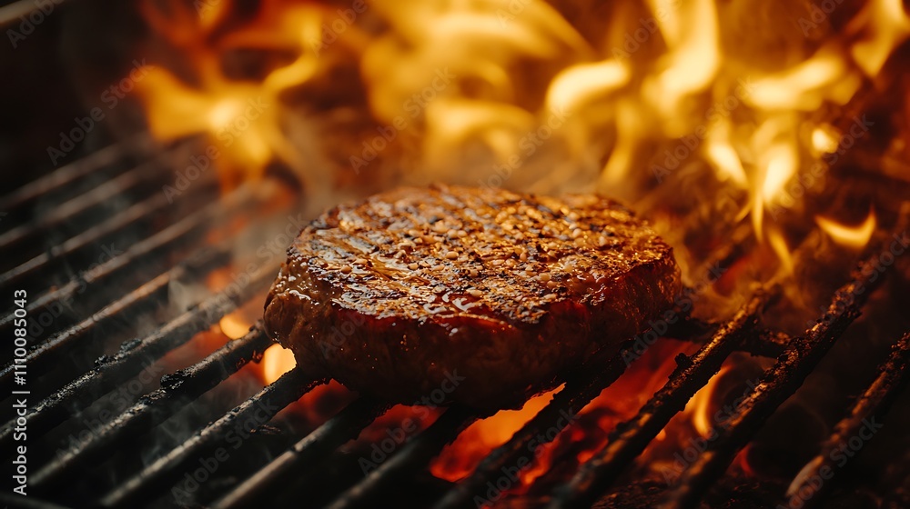Grilled beef steak on the grill with flames in the background. Grilled beef steak on the grill with flames in the background.