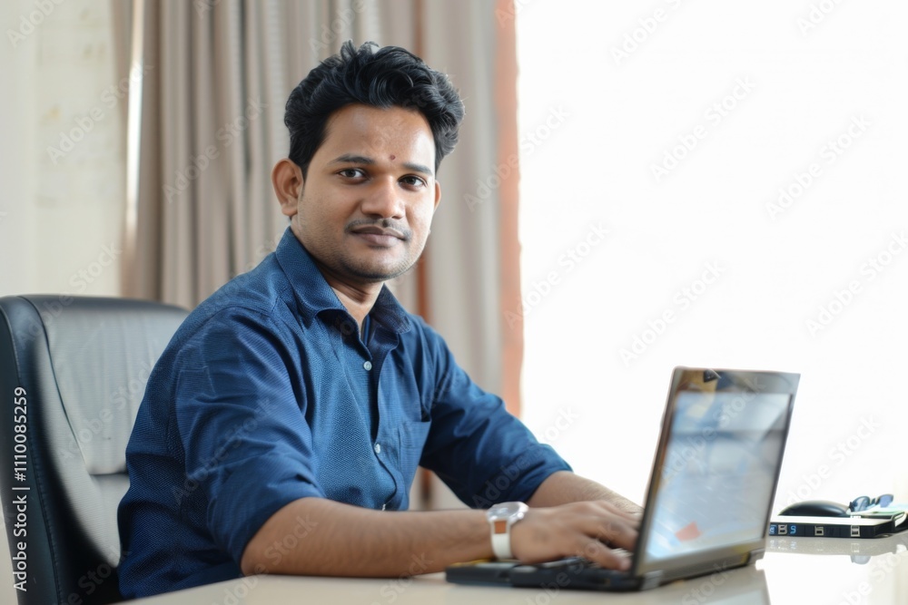 Portrait of handsome young indian man using laptop and earphone at home office Portrait of handsome young indian man using laptop and earphone at home office