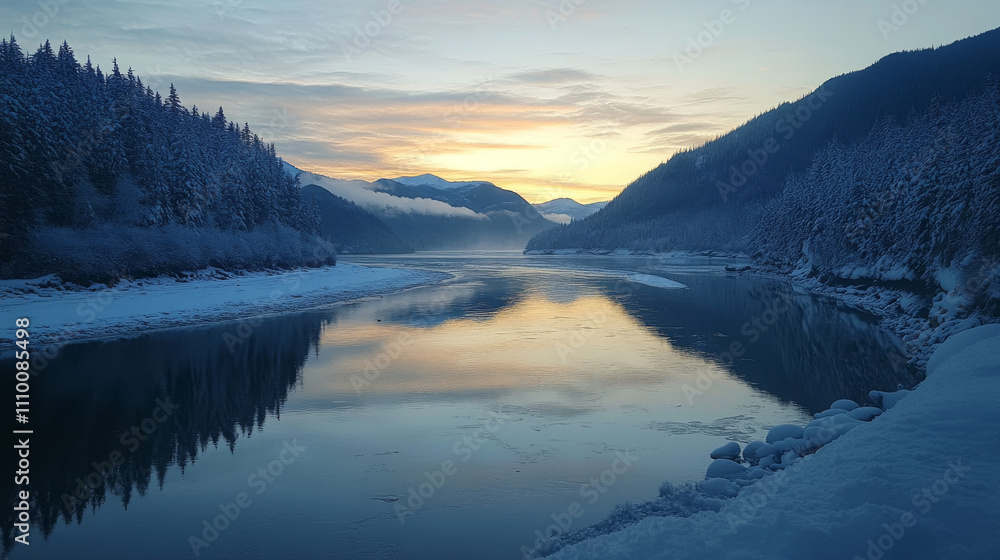 Obraz premium Tranquil winter scene of mendenhall river in the tongass national forest with the warm glow of light from the sunset reflecting a mirror image on the water- juneau, alaska, united states of america