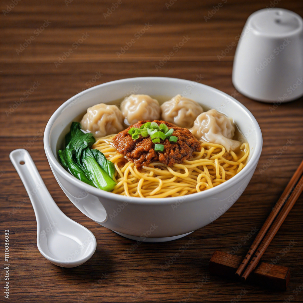 Malaysian wonton noodles with char siu and bok choy in bowl Malaysian wonton noodles with char siu and bok choy in bowl