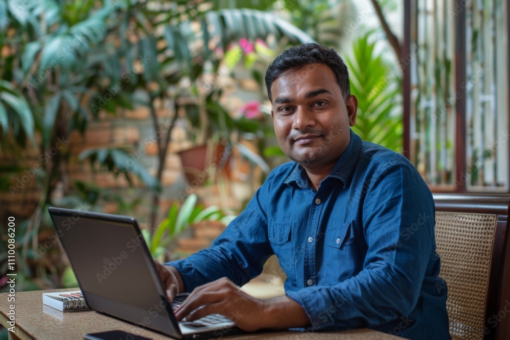 Portrait of handsome young indian man using laptop and earphone at home office Portrait of handsome young indian man using laptop and earphone at home office