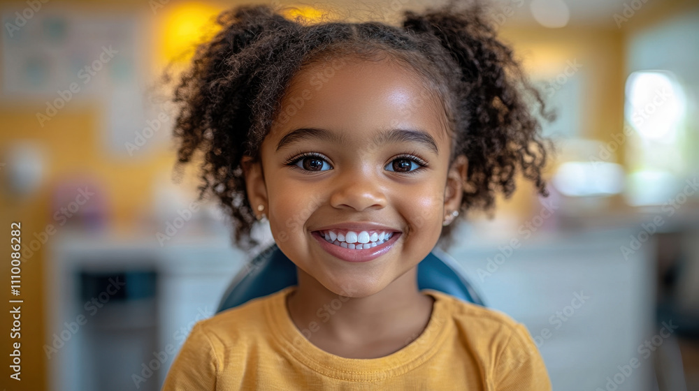 Smiling African American girl with curly hair in dental office, showcasing joy and confidence. Her bright smile radiates happiness and warmth Smiling African American girl with curly hair in dental office, showcasing joy and confidence. Her bright smile radiates happiness and warmth