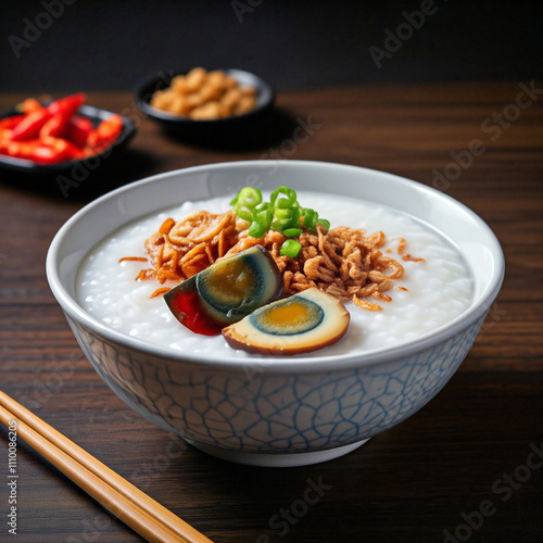 Malaysian congee topped with century egg, fried onion and spring onion