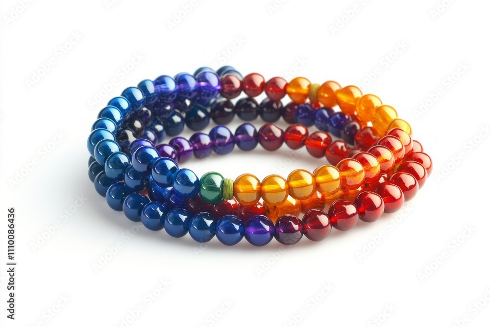 Vibrant rainbow beads creating a dynamic pattern. These colorful accessories symbolize joy and creativity. Perfect for crafts or fashion. Generative AI