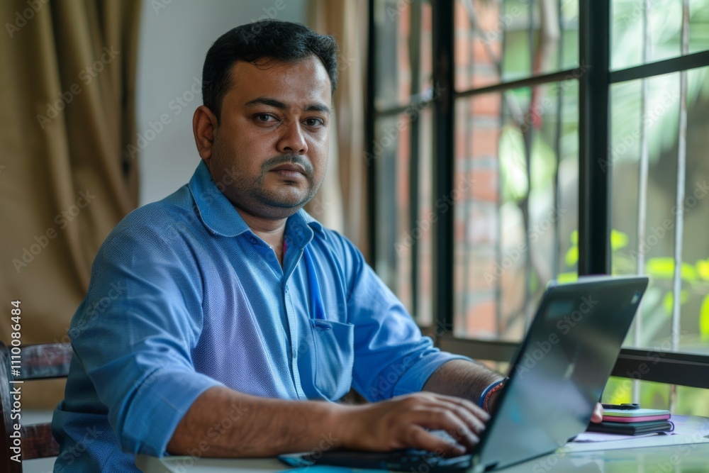 Portrait of handsome young indian man using laptop and earphone at home office Portrait of handsome young indian man using laptop and earphone at home office