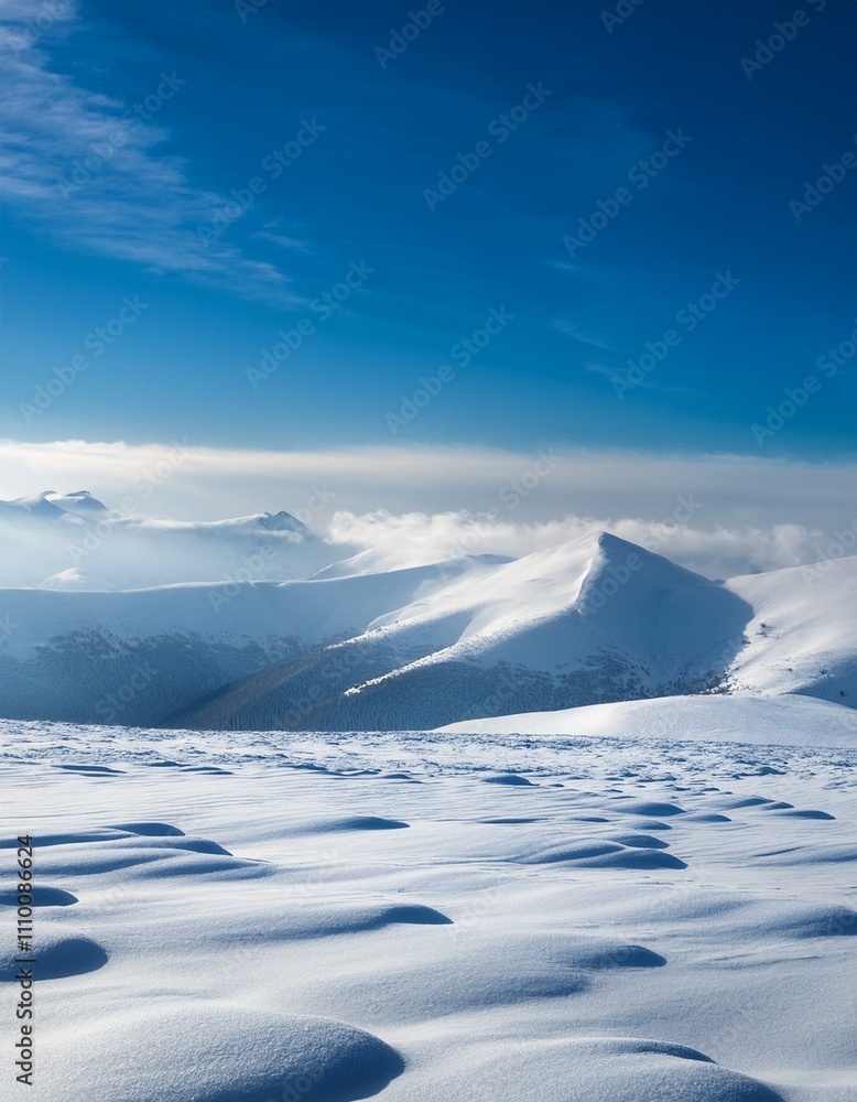 雪の降る広大なフィールドと遠くの山々
