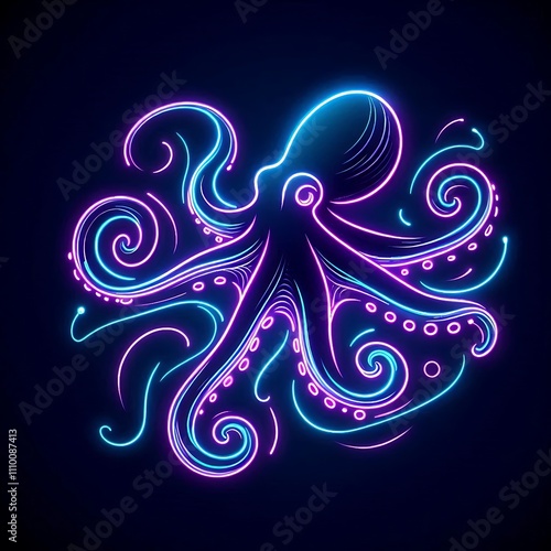 Neon octopus illustration with swirling tentacles. photo