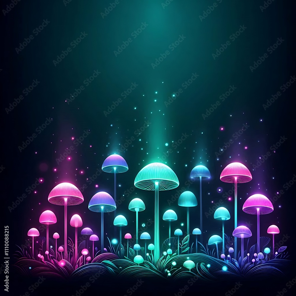 Vibrant, glowing mushrooms in a mystical setting. Vibrant, glowing mushrooms in a mystical setting.