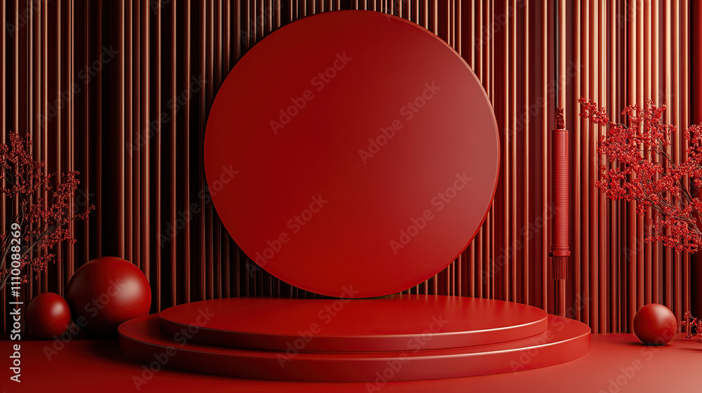 Chinese-style background, red and gold color scheme, three-dimensional round podium with folding fans hanging on the wall behind it Chinese-style background, red and gold color scheme, three-dimensional round podium with folding fans hanging on the wall behind it