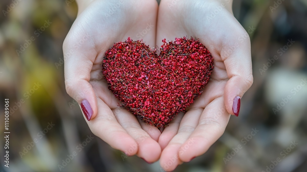 Woman's hands cupping a heart-shaped arrangement of small red seeds or berries. Woman's hands cupping a heart-shaped arrangement of small red seeds or berries.