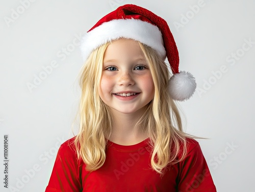 Happy, smiling blonde girl child wearing a Santa hat, isolated on a white background, wearing a red T-shirt 