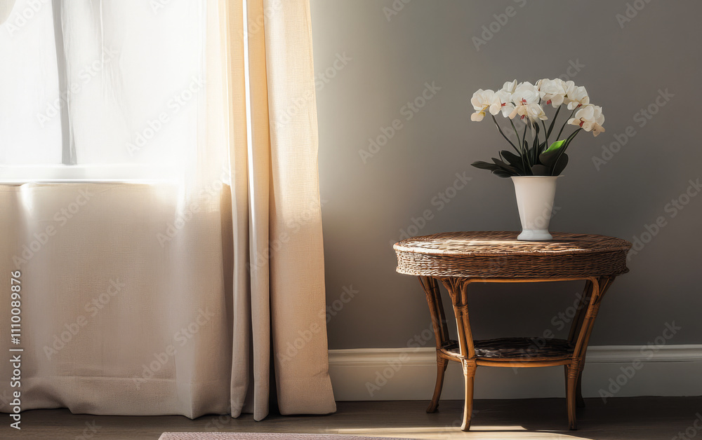 Elegant interior with a flowering plant on a round table in a sunlit room Elegant interior with a flowering plant on a round table in a sunlit room