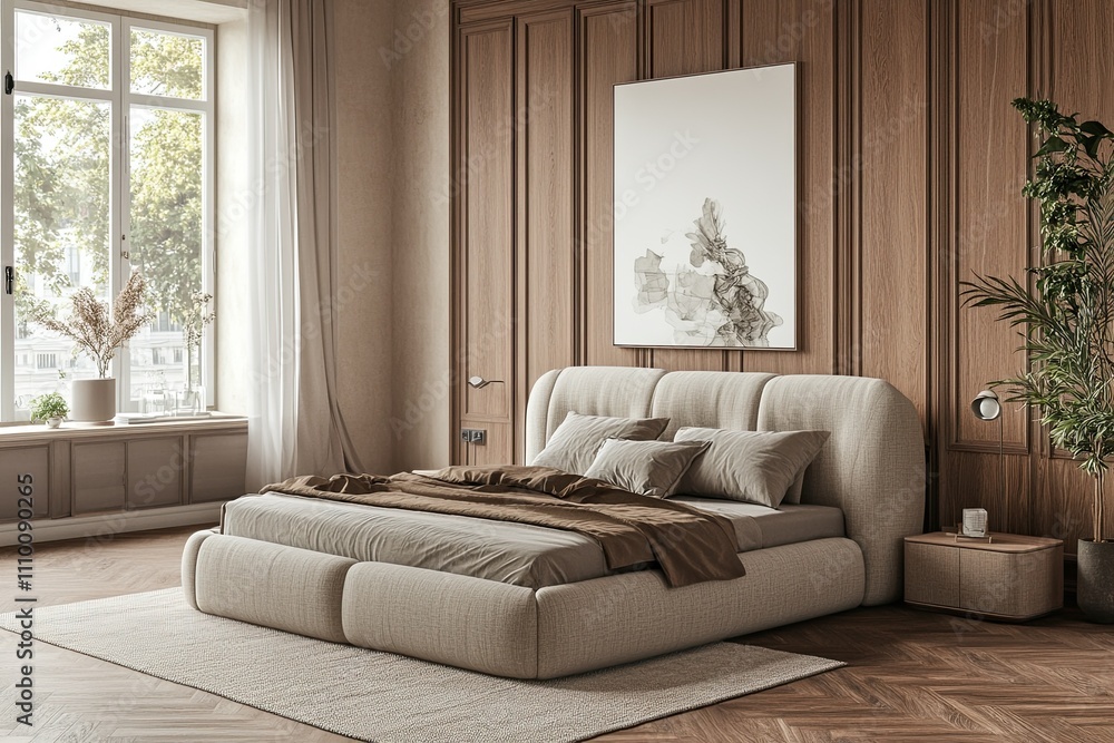 Fototapeta premium Minimalist Bliss: Modern Bedroom with Panoramic Views