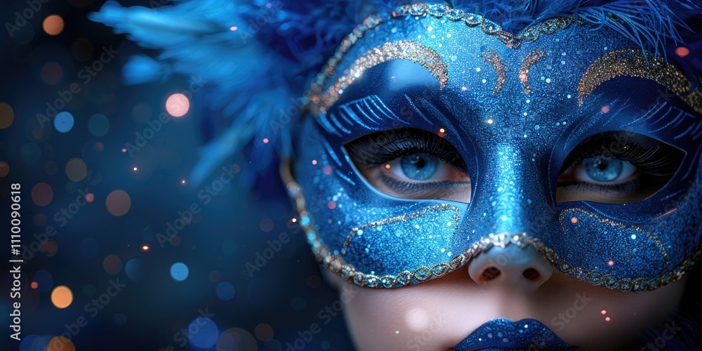 Close-up of person wearing blue masquerade mask with sparkling details at night Close-up of person wearing blue masquerade mask with sparkling details at night