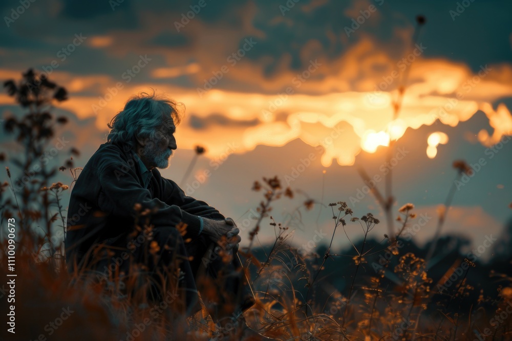 Fototapeta premium Elderly Man Contemplating Nature at Sunset in a Field of Wildflowers