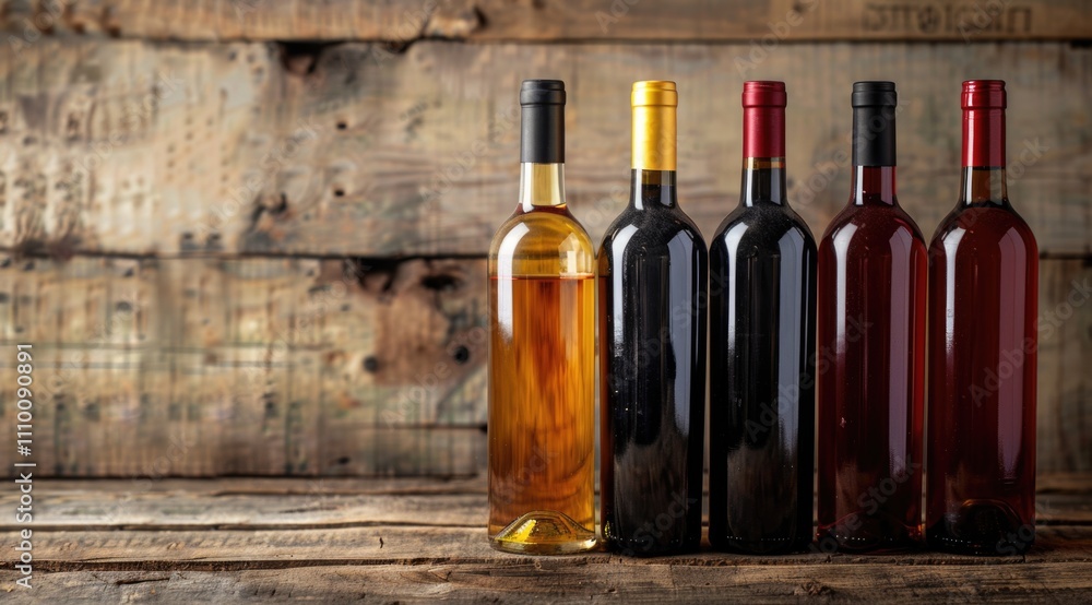 Obraz premium Row of wine bottles on wooden table