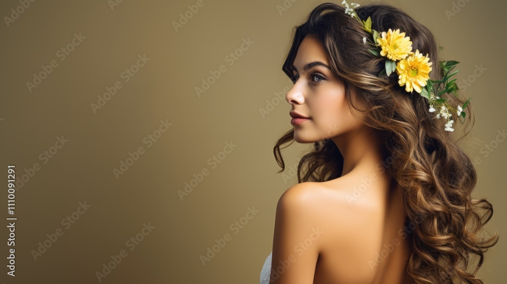 Portrait of a Young Woman with Flower Hair Accessory on Beige Background Portrait of a Young Woman with Flower Hair Accessory on Beige Background