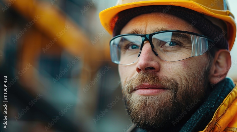 Construction Worker Wearing Safety Glasses and Hard Hat At Job Site Construction Worker Wearing Safety Glasses and Hard Hat At Job Site